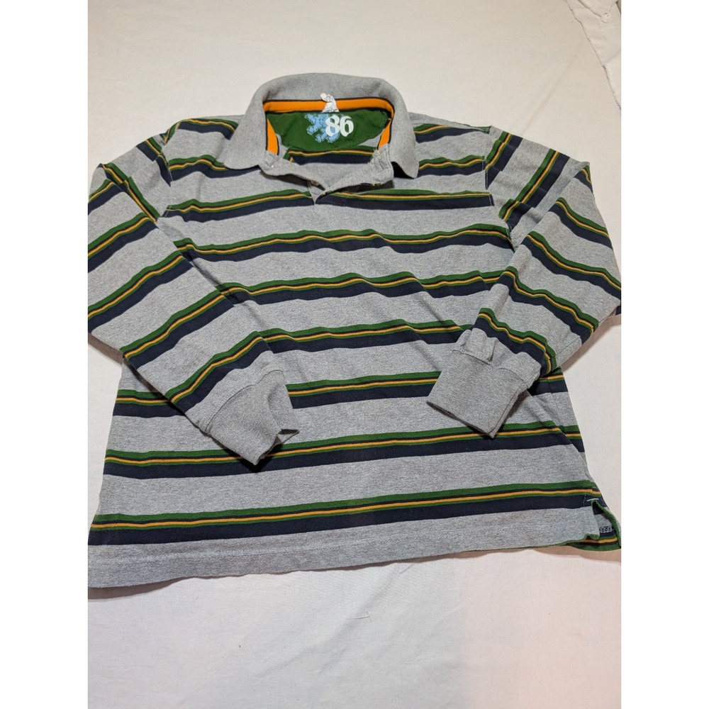 Vintage Old Navy Mens Long Sleeve Striped Polo Shirt Grey Green Orange Size M